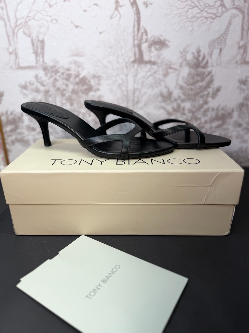 Tony Bianco Daisy Sandal in Black Como leather mid heel almond toe slip-on - Picture 3 of 8